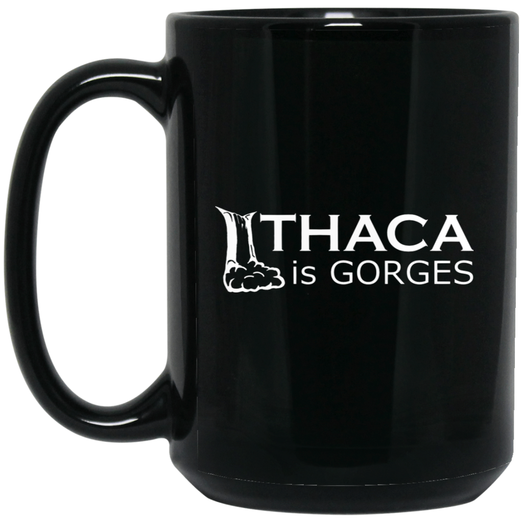 Ithaca Is Gorges 15 oz. Black Mug (White Graphic)