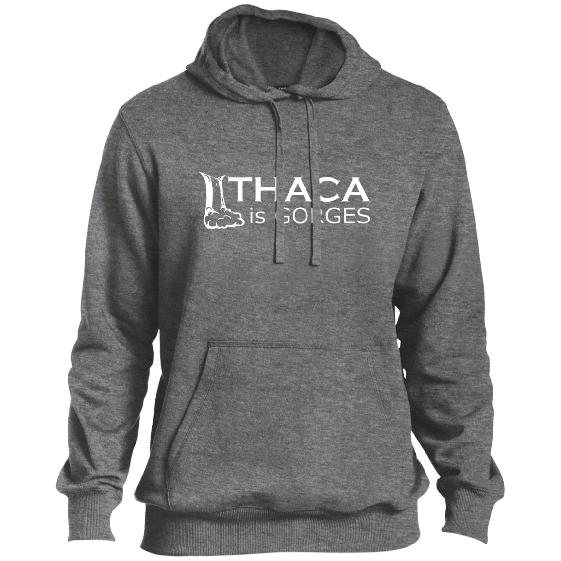 Ithaca Is Gorges Tall Sports Pullover Hoodie (White Graphic on Front)