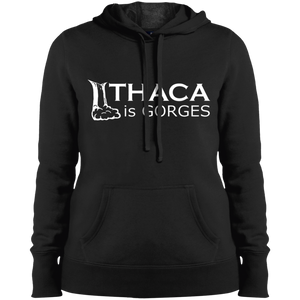 Ithaca Is Gorges Ladies Sports Pullover Hooded Sweatshirt (White Graphic on Front)